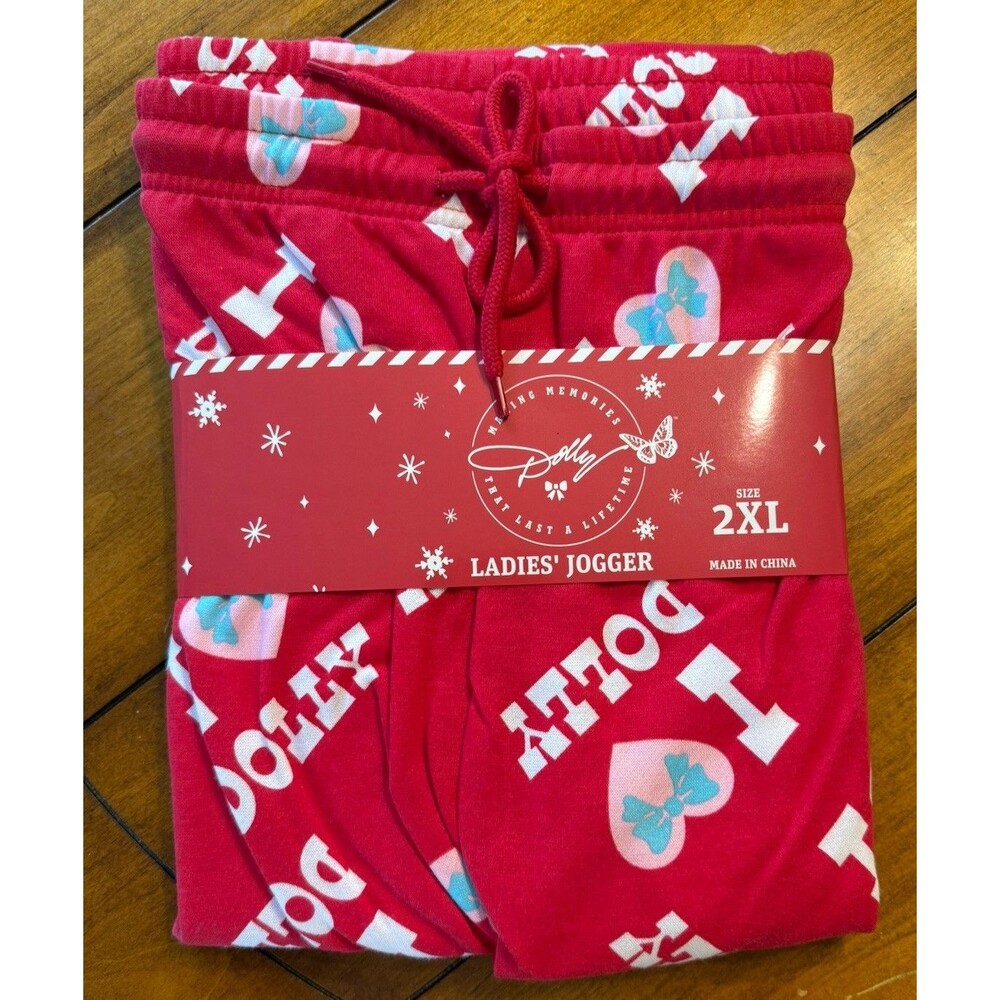 NEW Dolly Parton DG Christmas Ladies Jogger Pants Red 2XL I Heart Dolly Bows